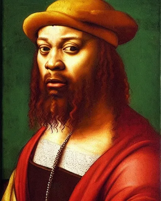 Prompt: renaissance painting of the rapper 3 0 year old busta rhymes!!!, biblical character portrait, oil on canvas by leonardo da vinci