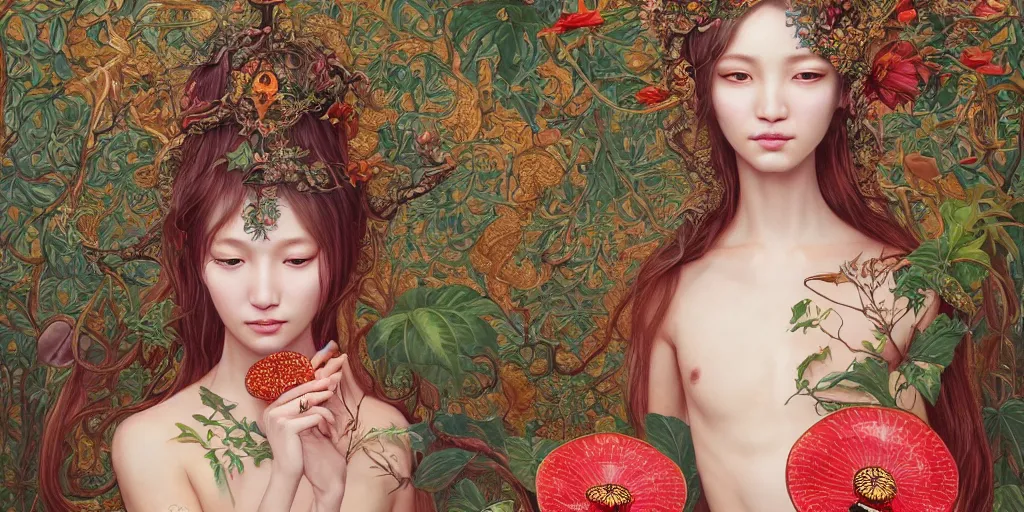 Image similar to breathtaking detailed concept art painting of the goddess of rafflesia arnoldii flowers, orthodox saint, with anxious, piercing eyes, ornate background, amalgamation of leaves and flowers, by Hsiao-Ron Cheng, James jean, Miho Hirano, Hayao Miyazaki, extremely moody lighting, 8K