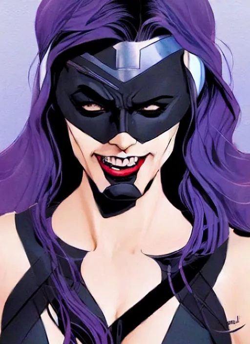 Prompt: Rafeal Albuquerque comic art, Joshua Middleton comic art, pretty female completely white skin black paint mark over left eye Phoebe Tonkin as Domino superhero X-MEN comics, black spot over left eye, fun smile, full body x-force outfit, long wavy black hair:: sunny weather::