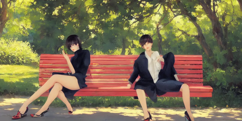 Image similar to A ultradetailed beautiful panting of a stylish woman siting on a park bench, Oil painting, by Ilya Kuvshinov, Greg Rutkowski and Makoto Shinkai