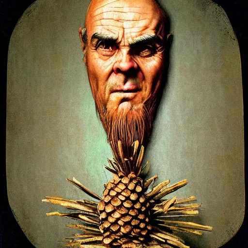 Image similar to pine cone headed man with hard black eyes very surprised, rule of thirds, super sharp, 4 k, ultra detailed, norman rockwell, richard corben.