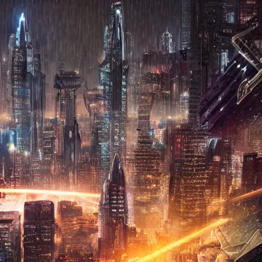 Image similar to a hyperdetailed photograph of iron man flying through the skies of a cyberpunk, futuristic city, night, dense fog, rain, hd, 8 k resolution