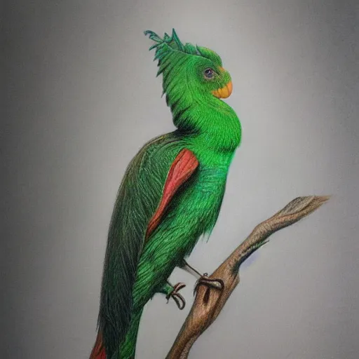 Image similar to a full body realistic coloured pencil drawing of a quetzal, realistic graphite, highly detailed, artstation, fine art, white background, by marcello barenghi