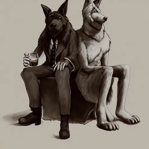 Prompt: two anthropomorphic german shepherds beast - men, they are wearing suits sitting on a couch and talking together, artstation, concept art, smooth, sharp foccus ilustration, artstation