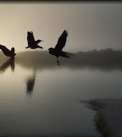 Image similar to three humanswith a reflection of three crows in a boat in a swamp, volumetric lighting, fog, majestic light, octane render, ethereal glare of the sun, hyperrealistic, epic, masterpiece, by makoto shinkai