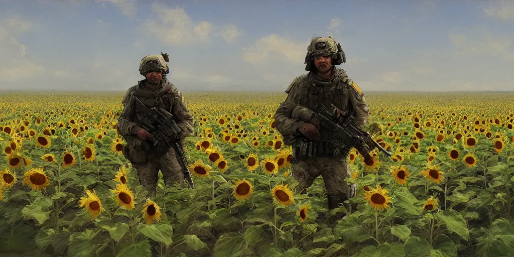 Image similar to Special forces soldier stands in a sunflower field by Daniel F. Gerhartz and Craig Mullins