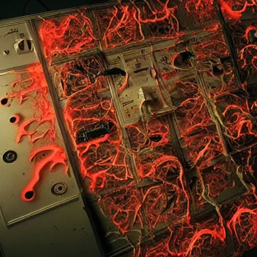 Image similar to scene from existenz, cinematic, a large box made out of human flesh, doom monster, electronic circuitry, skin, flesh!, blood, clumps of hair, lights, led, computer