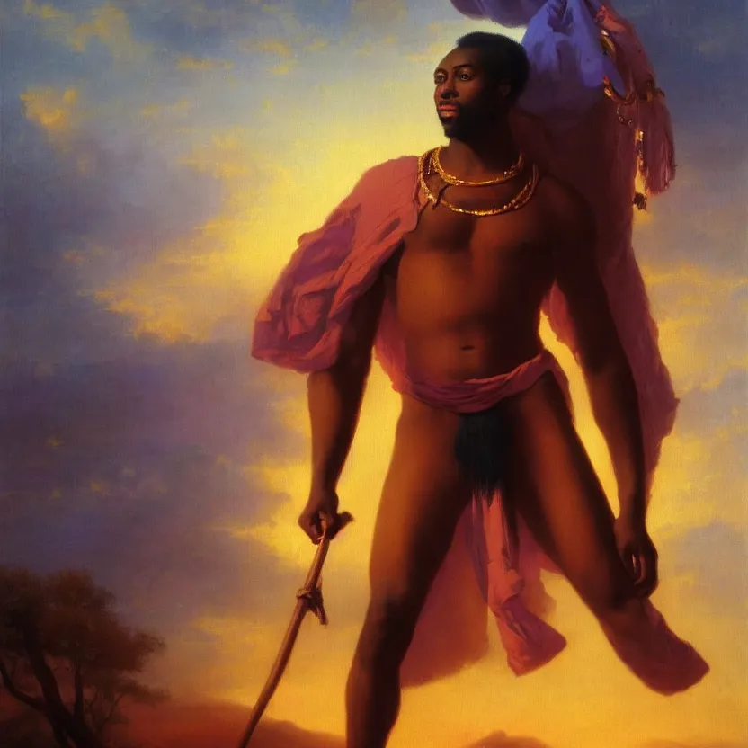 Image similar to handsome african god in a loincloth, posing against a royal purple backdrop by ivan aivazovsky, oil painting, beautiful soft lighting, saturated colours, artstation