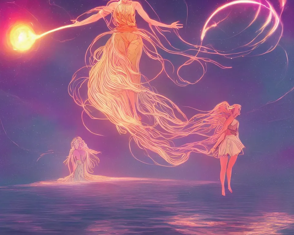 Image similar to a beautiful whimsical goddess floating above a lake basking in the moonlight, fire bending, underneath a multi-colored binary blackhole with an accretion disc, glowing trails following her arms, synthwave, by Lois van Baarle, by Greg Rutkowski, by artgerm, by beeple, by studio ghibli, cinematic angle, volumetric lighting, 4k resolution, octane render, trending on artstation, masterpiece