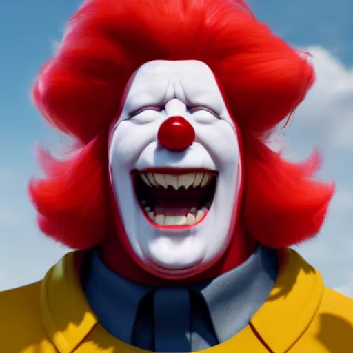 Prompt: Boris Johnson with evil Ronald McDonald body, realistic artstyle, wide shot, dramatic lighting, octane render, hyperrealistic, high quality, highly detailed, HD, beautiful, cinematic, 8k, unreal engine, facial accuracy, symmetrical