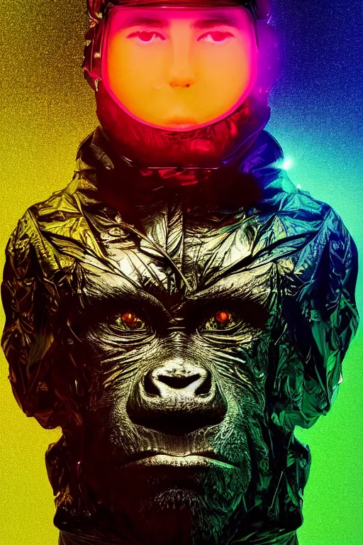 Image similar to hyper detailed ultra sharp portrait of baroque and bladerunner delicate neon ruby sculpture of seductive muscular nick jonas gorilla green radioactive humanoid deity wearing metallic hoody made out of leaves holding the sun prismatic dungeon, glowing rainbow face, crown of white diamonds, cinematic lighting, photorealistic, octane render 8 k depth of field 3 d
