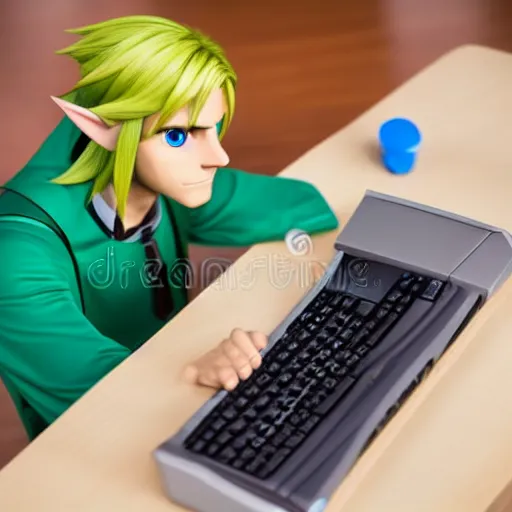 Prompt: link from zelda using computer, stock image