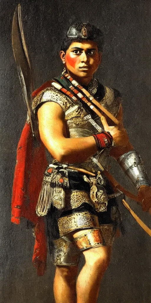 Prompt: Potrait of a Handsome Young Aztec Warrior, painting by Franz Xaver Kosler