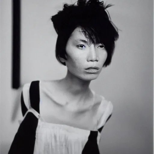 Prompt: filipino woman with short hair wearing a yohji yamamoto dress, portrait, long shot, by david bailey, nan goldin, annie liebovitz