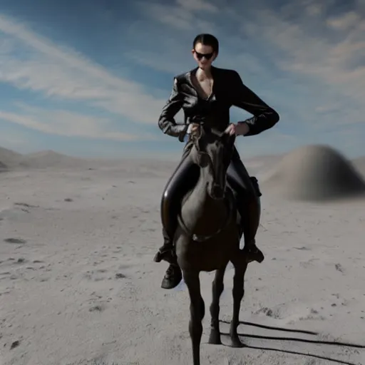 Prompt: neo from the matrix riding a horse on moon, detailed, hyper realistic, 4 k octan render, unreal 5