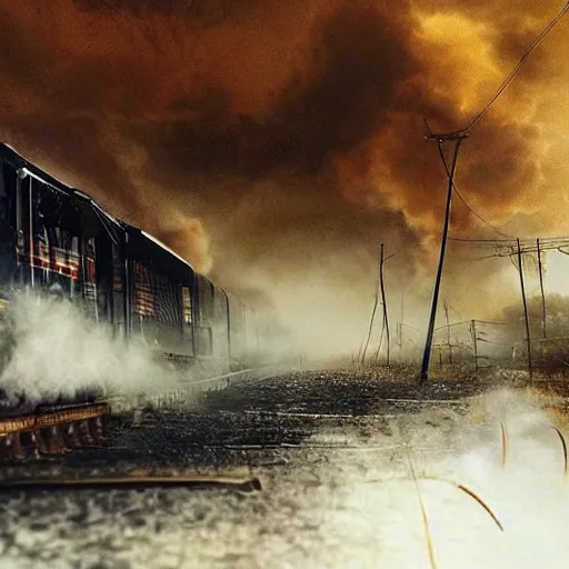 Image similar to trainwreck, boxcar on fire, atmospheric smoke and fog, post-apocalyptic, Cinematic, high detail