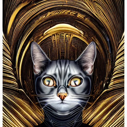 Image similar to gold and silver tones, cybernetic cat, style of moebius, james jean, rutkowski, cinematic, high detail, award winning, 8 k photorealistic