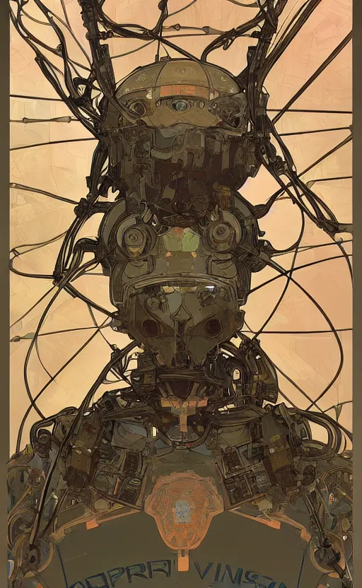 Prompt: upper half portrait of army mecha robot - wires and vines as poster design borders, art by alphonse mucha, highly detailed, digital painting, concept art, illustration, smooth sharp focus, intricate, symmetry, artstation, colourful,