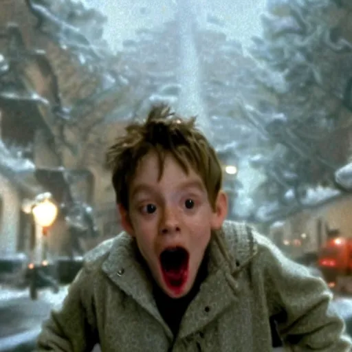 Prompt: a giant huge dragon eating kevin in home alone movie