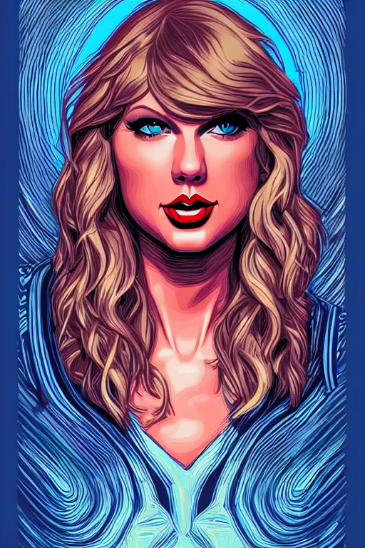 Prompt: a portrait of taylor swift, drawn by robbie trevino and dan mumford, poster, digital art, comic art, concept art,, single head, no double head,