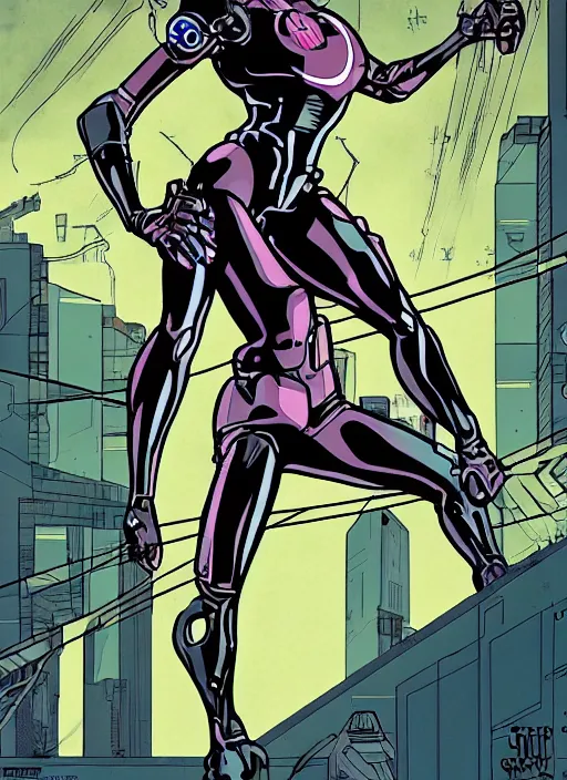 Image similar to cyborg in the style of Peter Chung, Aeon Flux inspired, 90s comic book art,