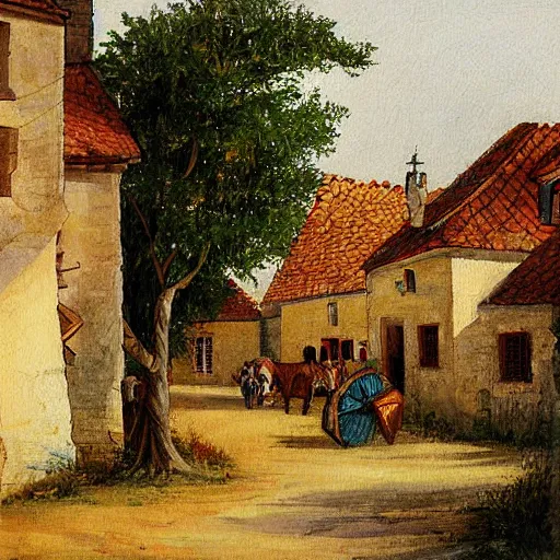 Image similar to painting of a rural French medieval village, by Aleksander Rostov