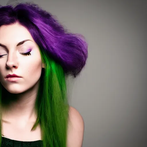 Image similar to a high quality photo of a beautiful woman moody and melanchony with accents of purple and green.