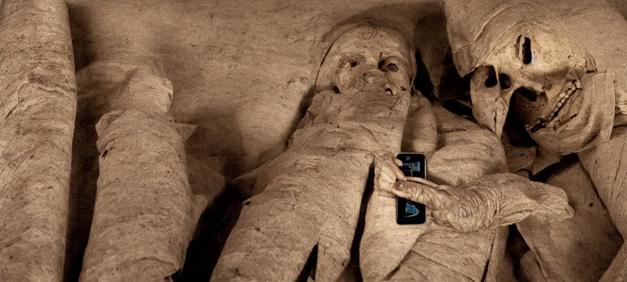 Prompt: Egyptian mummy in an open sarcophagus, the mummy is holding a pristine smartphone in their hand