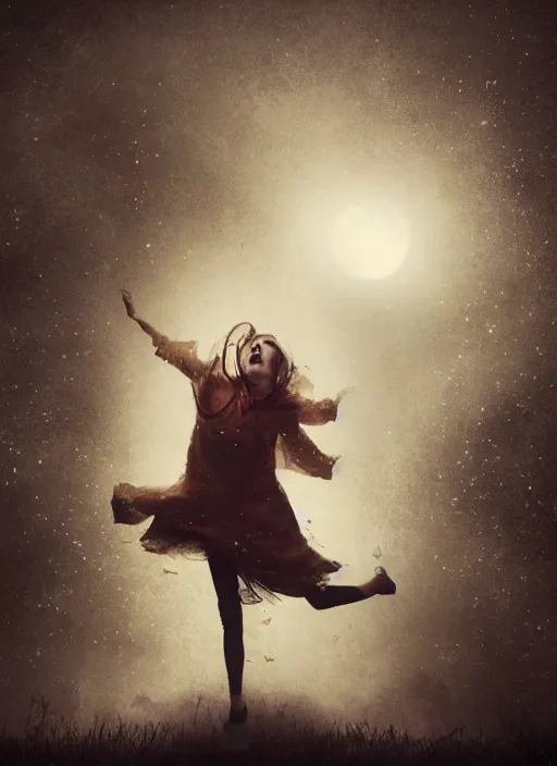 Image similar to an angry girl floating in the sky at night giving a creepy feel, the girl is screaming, dark background, fog, forest, horror, extremely realistic and highly detailed, soft light, gold ratio