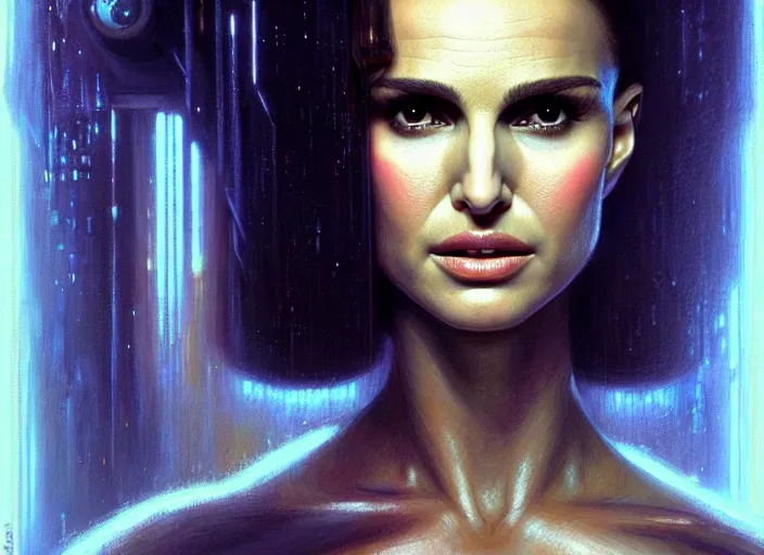 Image similar to portrait shot of natalie portman in bladerunner, intricate, elegant, highly detailed, centered, digital painting, artstation, concept art, smooth, sharp focus, illustration, artgerm, tomasz alen kopera, peter mohrbacher, donato giancola, joseph christian leyendecker, wlop, boris vallejo