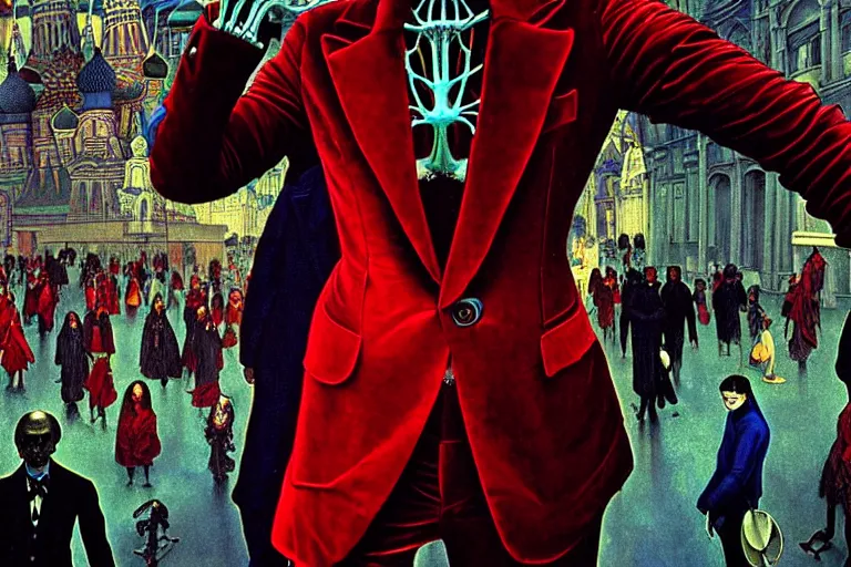 Prompt: realistic detailed photorealistic film closeup portrait shot of a single skeleton wearing crimson velvet blazer in a crowded futuristic moscow street by Denis Villeneuve, Amano, Yves Tanguy, Alphonse Mucha, Ernst Haeckel, Andrei Tarkovsky, Edward Robert Hughes, Roger Dean, rich moody colours, wide angle, blue eyes