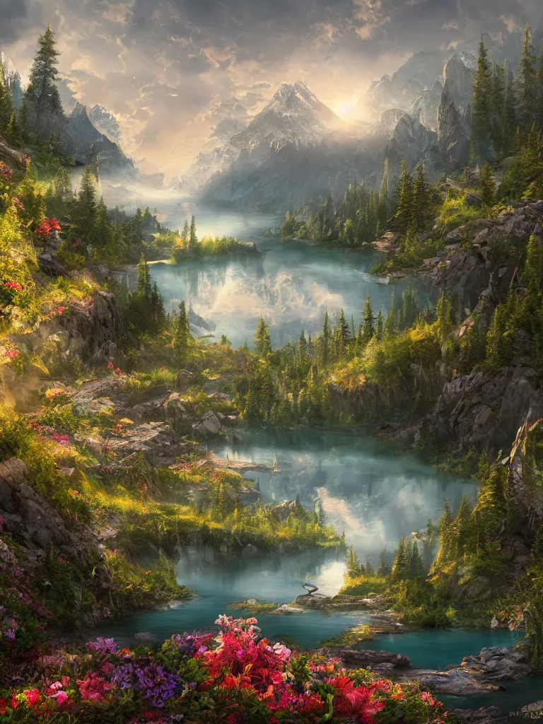 Prompt: a epic view of a mountainous lake, forest, flowers, concept art, trending on, very detailed, unreal engine, 4 k, photoreal, volumetric lighting, light rays, epic composition, warm colors, angelic