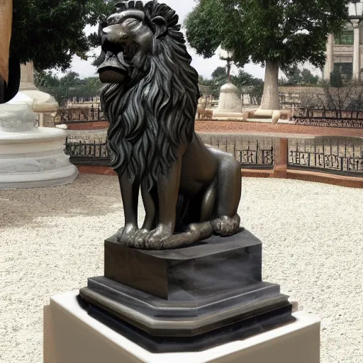 Prompt: a statue of a lion on a marble base, a bronze sculpture by Paul Howard Manship, featured on zbrush central, new sculpture, made of wrought iron, marble sculpture, grotesque