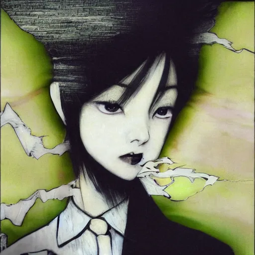 Image similar to yoshitaka amano blurred and dreamy realistic three quarter angle portrait of a woman with white hair and black eyes wearing dress suit with tie, junji ito abstract patterns in the background, satoshi kon anime, noisy film grain effect, highly detailed, renaissance oil painting, weird portrait angle, blurred lost edges