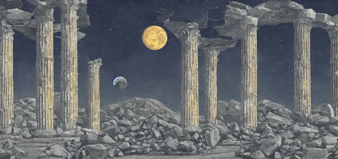 Image similar to The ruins of the Silver Millennium on the moon from Sailor Moon, digital painting, Earth in the distance, Greek-esque columns and ruins