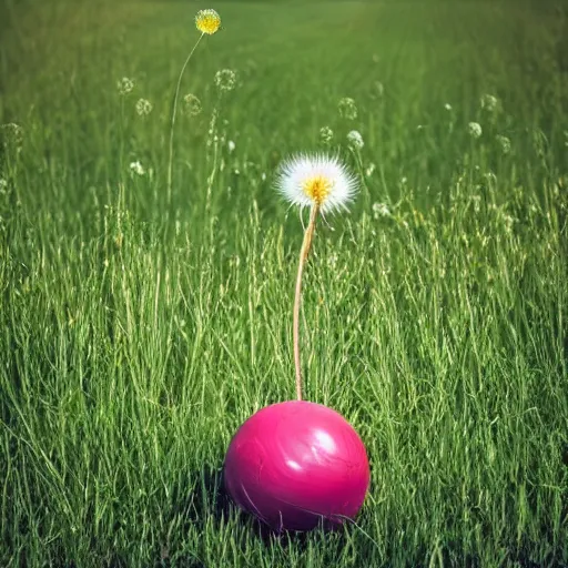 Prompt: a bowling ball balancing on top of a dandelion, award - winning photo