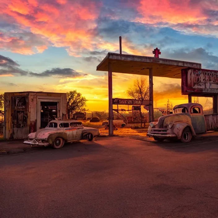 Image similar to a sunset light landscape with historical route 6 6, lots of sparkling details and sun ray ’ s, blinding backlight, smoke, volumetric lighting, colorful, octane, 3 5 mm, abandoned gas station, old rusty pickup - truck, beautiful epic colored reflections, very colorful heavenly, softlight