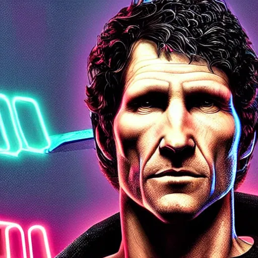 Prompt: todd howard with a switchblade knife, forcing you to buy skyrim, threatening, sharp, cinematic, colorful, digital art, neon, bright, cyberpunk, blade runner 2 0 4 9, realism, bold