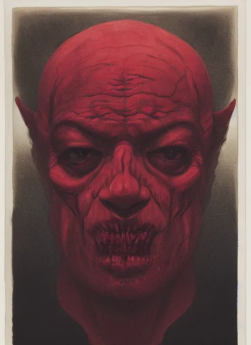 Image similar to lord loss, demon master, king of hell & sorrow, book portrait, pale red, lumpy skin, he has very dark - red eyes with even darker red pupils. tiny cracks in skin seep, symmetric lights and fog, in the style of zdzislaw beksinski, glowing light and shadow, hyperrealist, 8 k