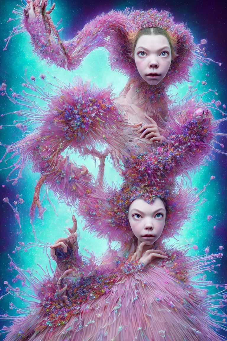 Prompt: hyper detailed 3d render like a Oil painting - kawaii portrait Aurora (a beautiful skeksis queen from dark crystal that looks like Anya Taylor-Joy) seen posing to Eat of the Strangling network of yellowcake aerochrome and milky Fruit and His delicate Hands hold of gossamer polyp blossoms bring iridescent fungal flowers whose spores black the foolish stars by Jacek Yerka, Ilya Kuvshinov, Mariusz Lewandowski, Houdini algorithmic generative render, Abstract brush strokes, Masterpiece, Edward Hopper and James Gilleard, Zdzislaw Beksinski, Mark Ryden, Wolfgang Lettl, hints of Yayoi Kasuma, octane render, 8k