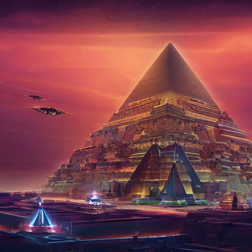 Image similar to a scene of a beautiful intricate epic futuristic pharaoh city with a cyber pyramid, a neo sphynx and hovering chariots taken from a distance, minimalist, cinematic lighting