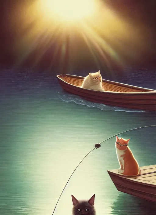 Prompt: highly detailed portrait of a cat fishing at a lake, stephen bliss, unreal engine, greg rutkowski, loish, rhads, beeple, makoto shinkai and lois van baarle, ilya kuvshinov, rossdraws, tom bagshaw, tom whalen, alphonse mucha, global illumination, god rays, detailed and intricate environment