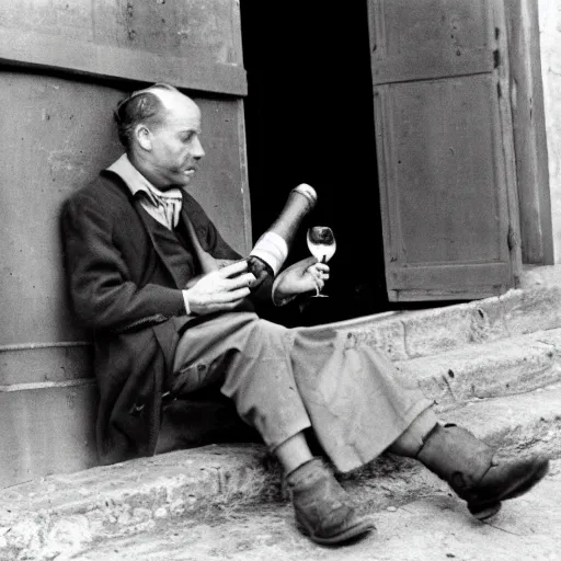 Image similar to a frenchman with a baguette and a bottle of wine in 1 9 5 0