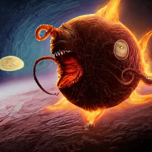 Image similar to eldritch horror bloody garfield in space, hd, 8 k, giant, epic, realistic photo, unreal engine, stars, prophecy, powerful, cinematic lighting, destroyed planet, debris, violent, sinister, ray tracing, dynamic, epic composition, dark, horrific, teeth, grotesque, scary, monochrome drawing