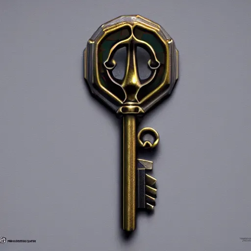 Prompt: a stylised metal key, key is on the center of image, rpg game inventory item, very detailed, rim light, outer glow, on the white background, high poly vray render, stylised textures, trending on artstation