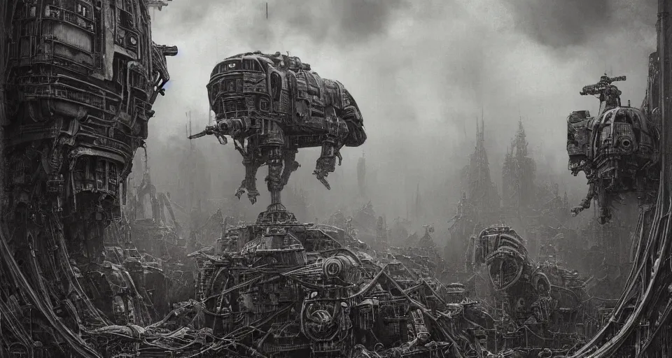 Prompt: a beautiful hyperrealistic ultradetailed matte painting of a dieselpunk AT-AT mech, by James Stokoe and harry clarke and Zdzisław Beksiński and Jakub Rozalski and HR Giger:3.00, skulls and gas masks, dark, realistic, black smoke, oil, machine parts, dystopian, insane details, intricate, mecha, embers, trending on artstation, micro details, HD wallpaper, 8k