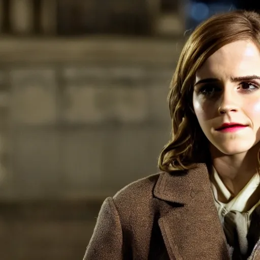 Prompt: medium shot of Emma Watson as a detective in a movie directed by Christopher Nolan, detailed face, movie still frame, promotional image, imax 70 mm footage