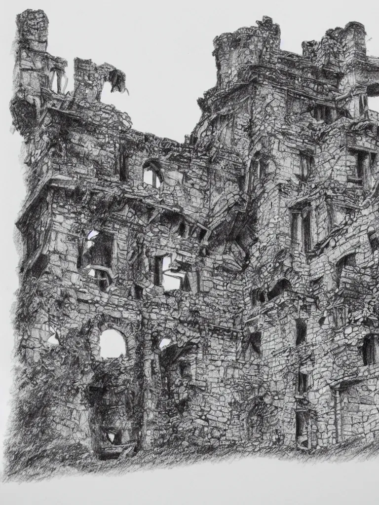 Image similar to A pen drawing of a dilapidated ancient castle building in the wood, by Ler Huang, high detailed