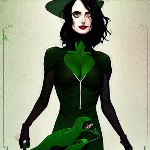 Prompt: Female witch Krysten Ritter, style of Joshua Middleton comic book art Nick Dragotta comic art, black and green eyes, symmetrical face, symmetrical eyes, scary smile, full body, dark green dress
