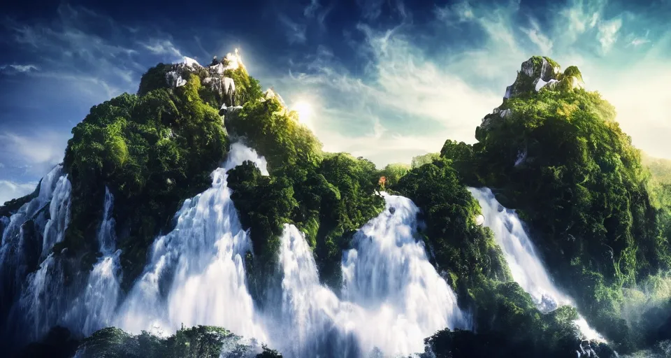 Image similar to A magnificent floating island in the sky above the sea, waterfall falling down, epic lighting, epic composition, cinematic, highly detailed, 4k